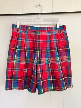 Vtg Corbin Mark Fore Strike Plaid Golf Walking Shorts Mens 32 Red Green Pleated